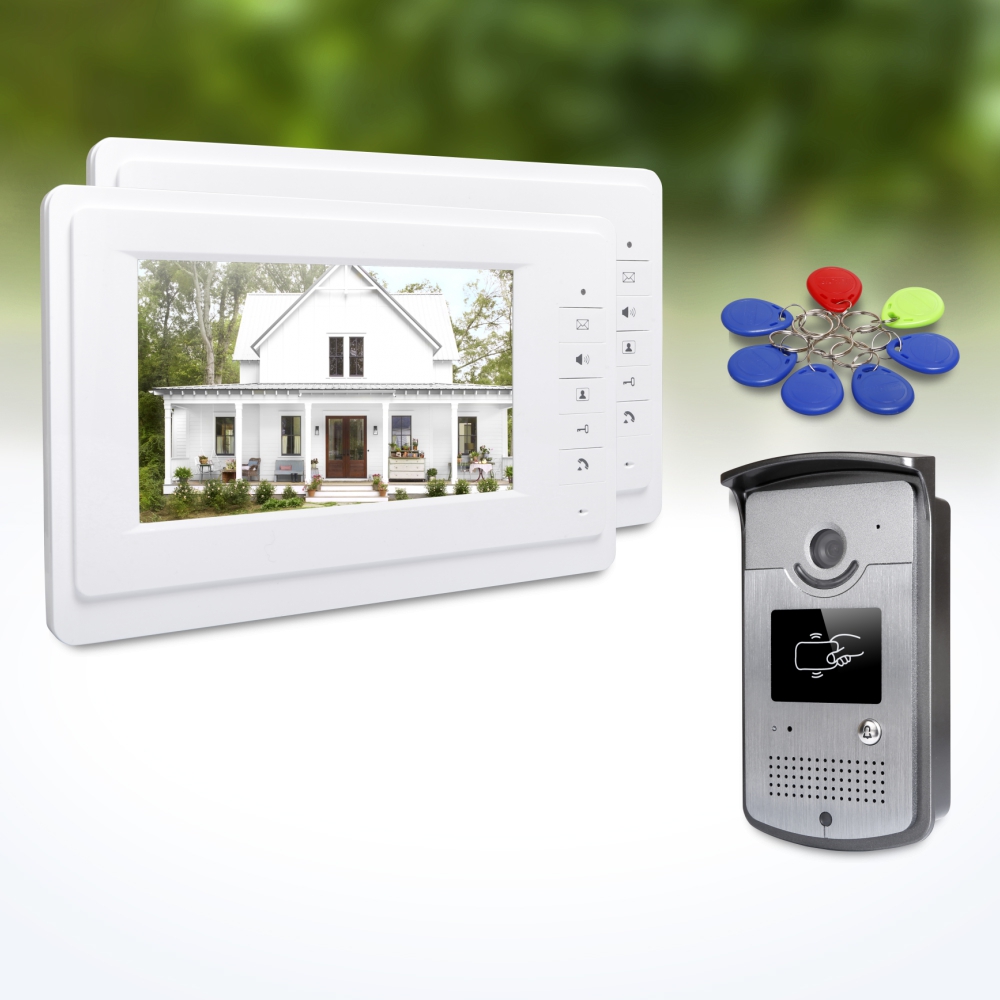 Home Security Camera System - 1台の屋外カメラ、2台の屋内モニター、7インチビデオドアホンインターホン、キーフォブ、RFIDロック解除、ミュートモード、有線ホームセキュリティシステムキット