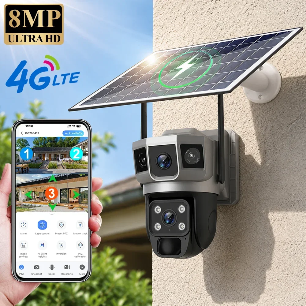 Home Security Group - V380 4K 3画面 4Gカメラ ソーラーバッテリー PIR