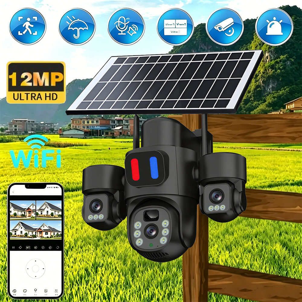 Home Security Wireless Cameras - ソーラーWiFi PTZカメラ 屋外トリプルレンズ 3画面 PIRモーション検知アラート ワイヤレスホームCCTV監視セキュリティカメラ